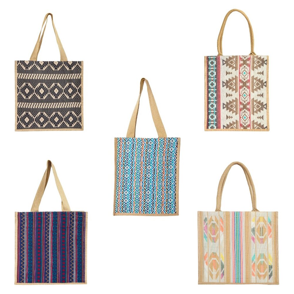 Natural Reusable Jute Shopping Tote Bag with Jacquard Fabric Beach Trips